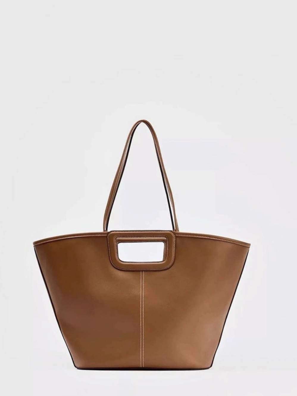 Zara Stitch Detail Structured Tote Bag Brown